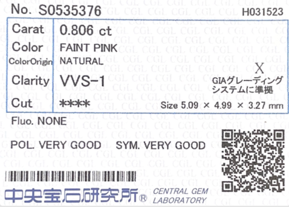 カラーダイヤモンドルース鑑定書画像 クッション ピンク VVS1 0.8ct 詳細