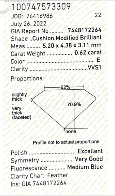 ダイヤモンドルース鑑定書画像 クッション 無色 0.62ct 詳細