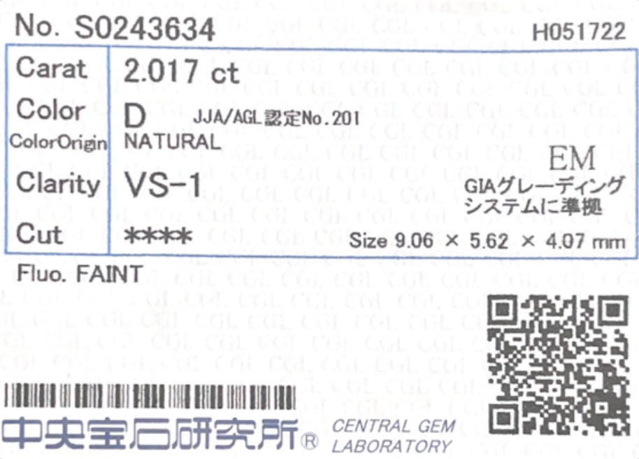 ダイヤモンドルース鑑定書画像 エメラルド 無色 VS1 2.017ct 詳細