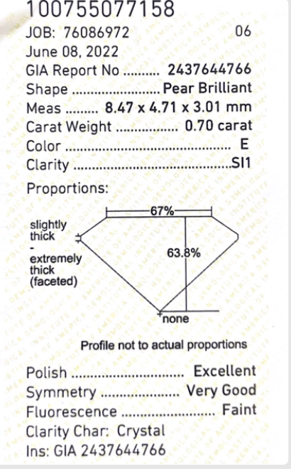 ダイヤモンドルース鑑定書画像 ペア 無色 0.7ct 詳細