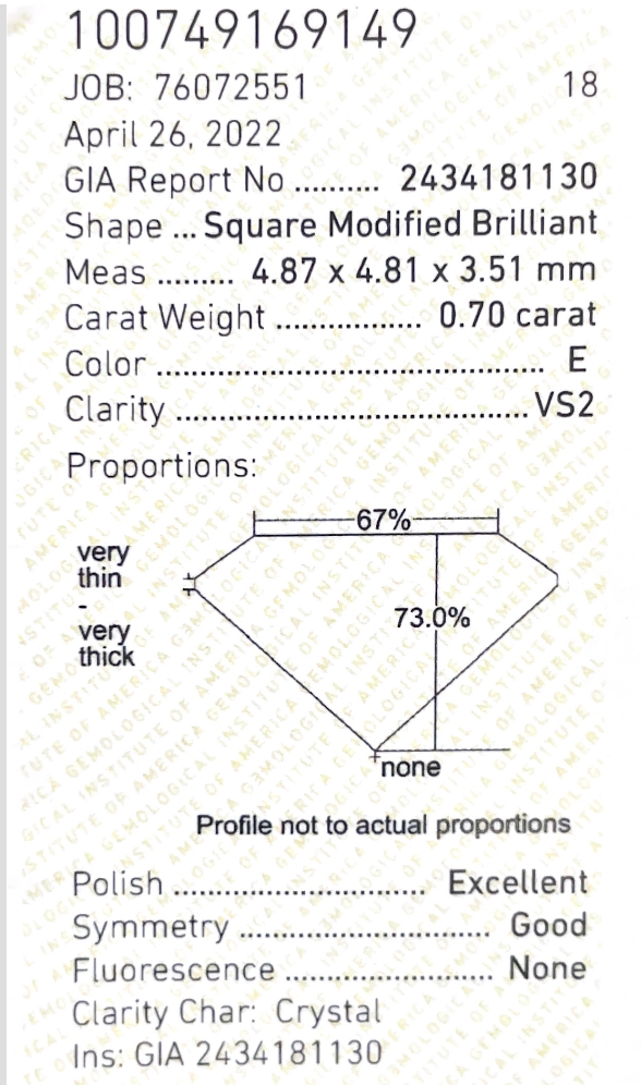 ダイヤモンドルース鑑定書画像 プリンセス 無色 0.7ct 詳細