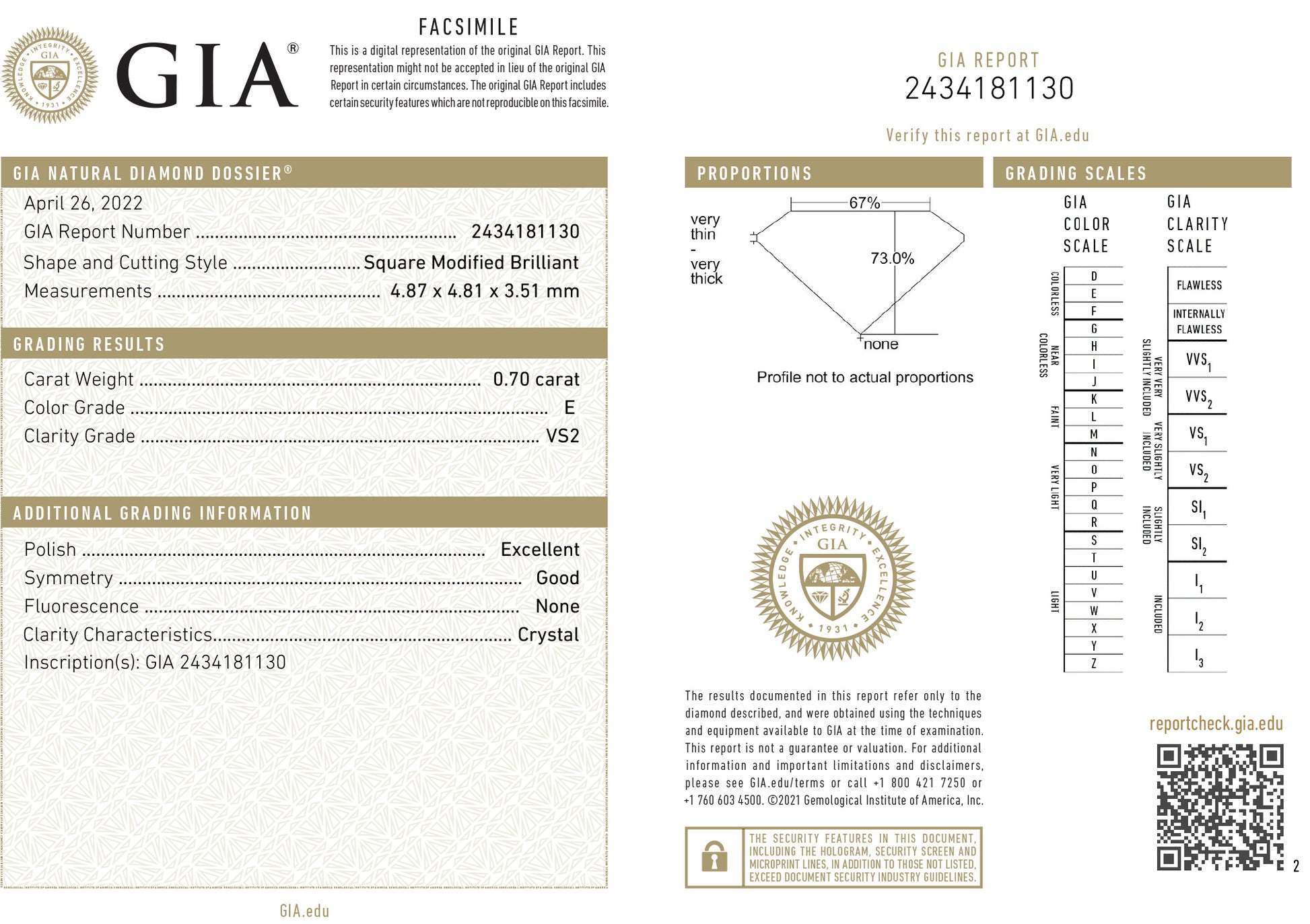 ダイヤモンドルース鑑定書画像 プリンセス 無色 0.7ct 詳細
