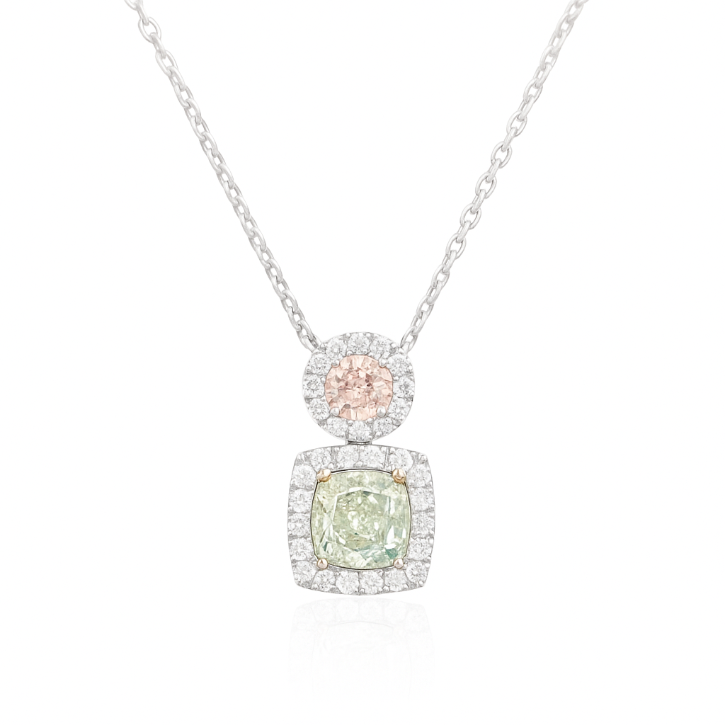 PT850/900 ピンク・グリーンダイヤモンド ペンダントネックレス 1.205ct Light Green, Pink SI2 ラウンド・クッション