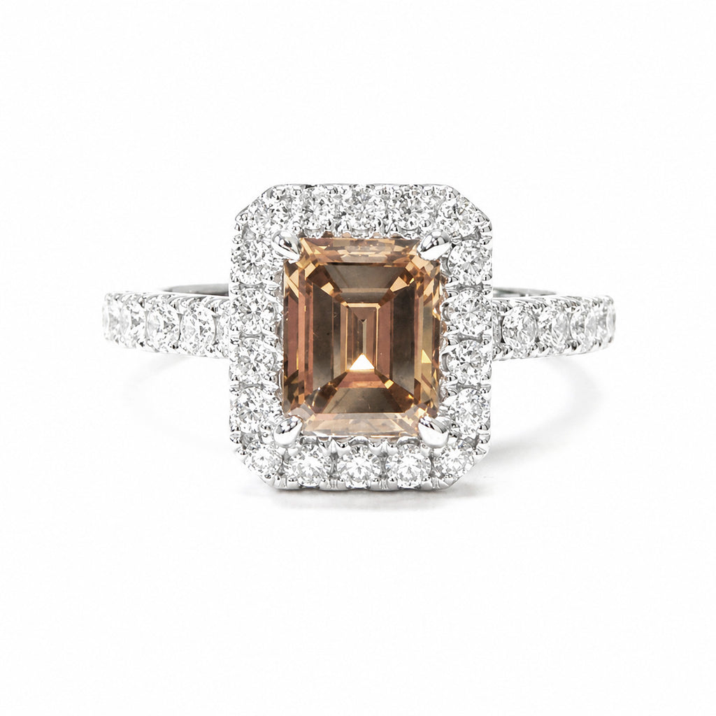 18KWG ファンシー ブラウン 天然ダイヤモンドリング 2.106ct エメラルドカット