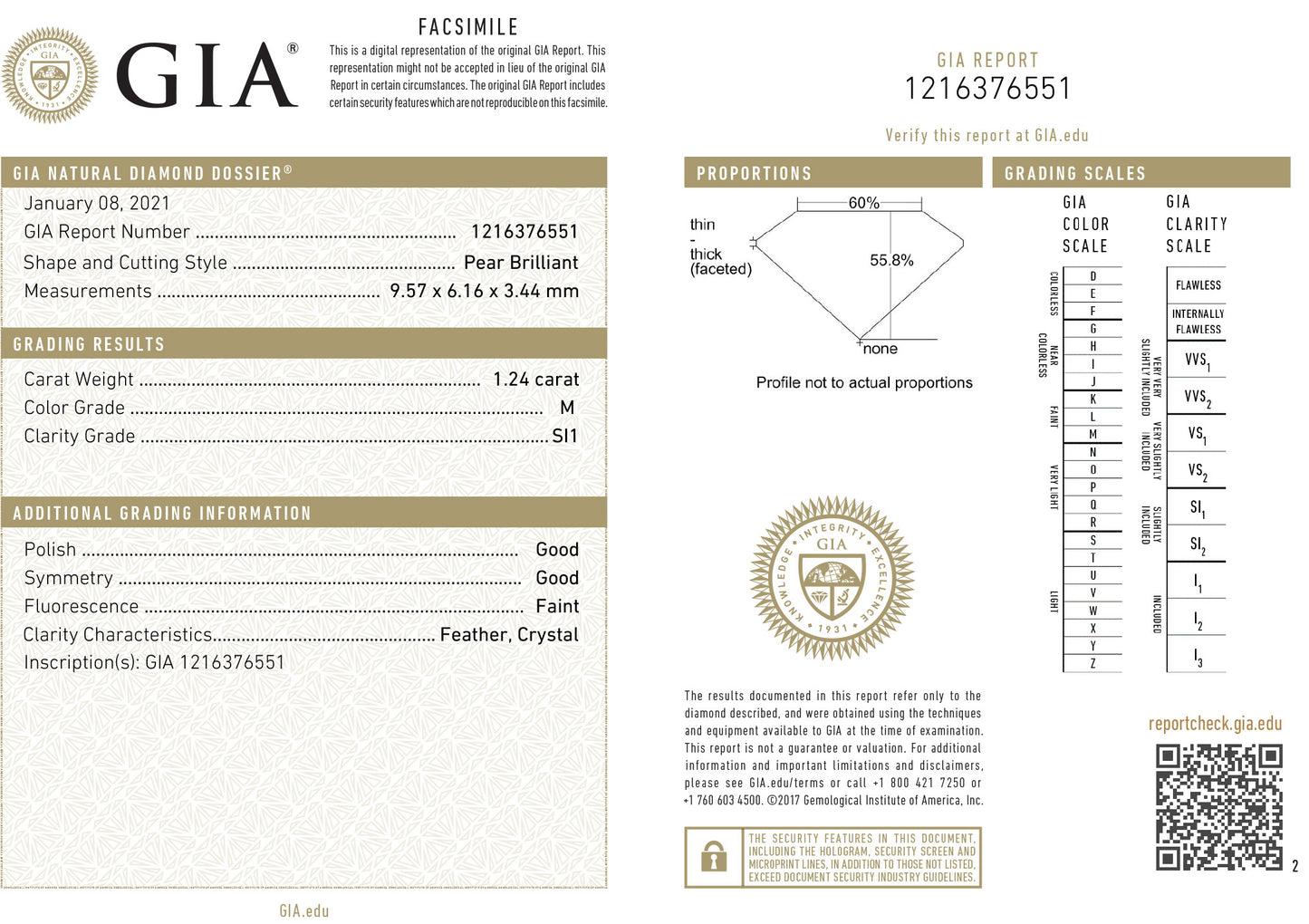 天然ダイヤモンドリング GIA 鑑定書画像 フェイントイエロー ペア SI1 1.44ct  詳細