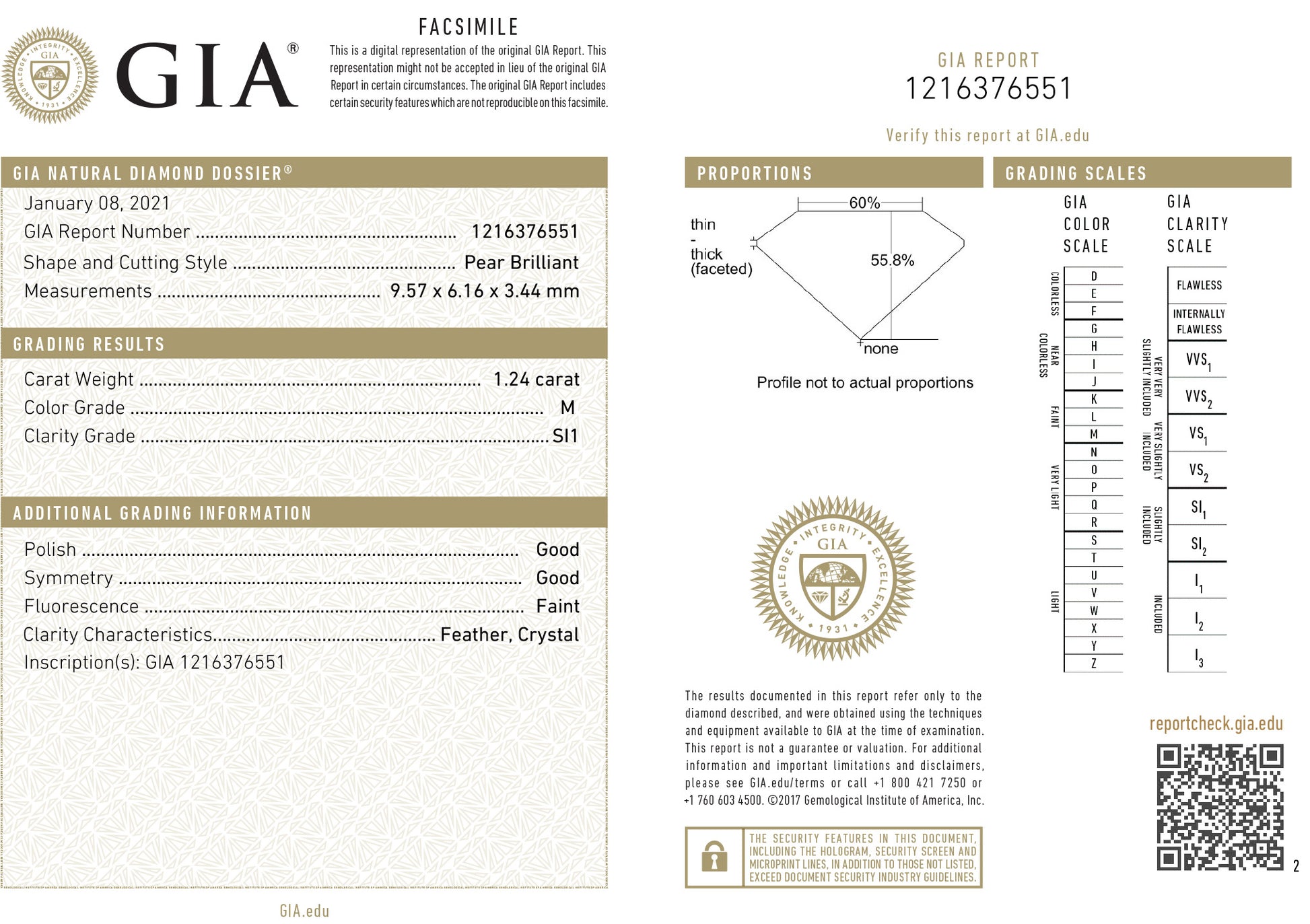 天然ダイヤモンドリング GIA 鑑定書画像 フェイントイエロー ペア SI1 1.44ct  詳細