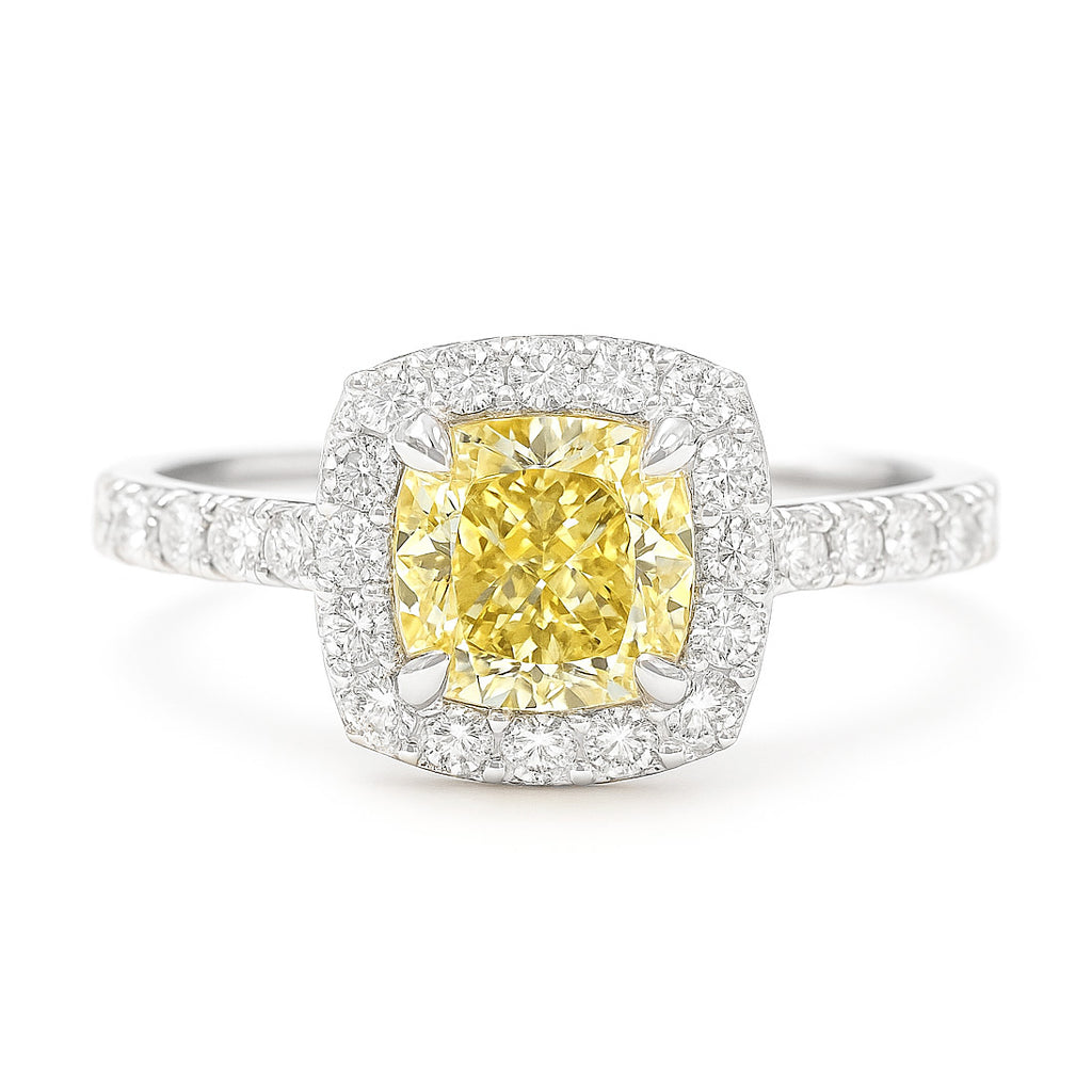 18K イエローダイヤモンドリング 1.44ct Fancy Intense Yellow VS2 クッション