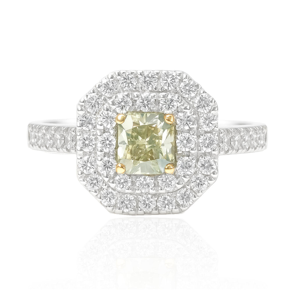 PT900 グリーンダイヤモンドリング 0.771ct Fancy Light Green Yellow ラディアント
