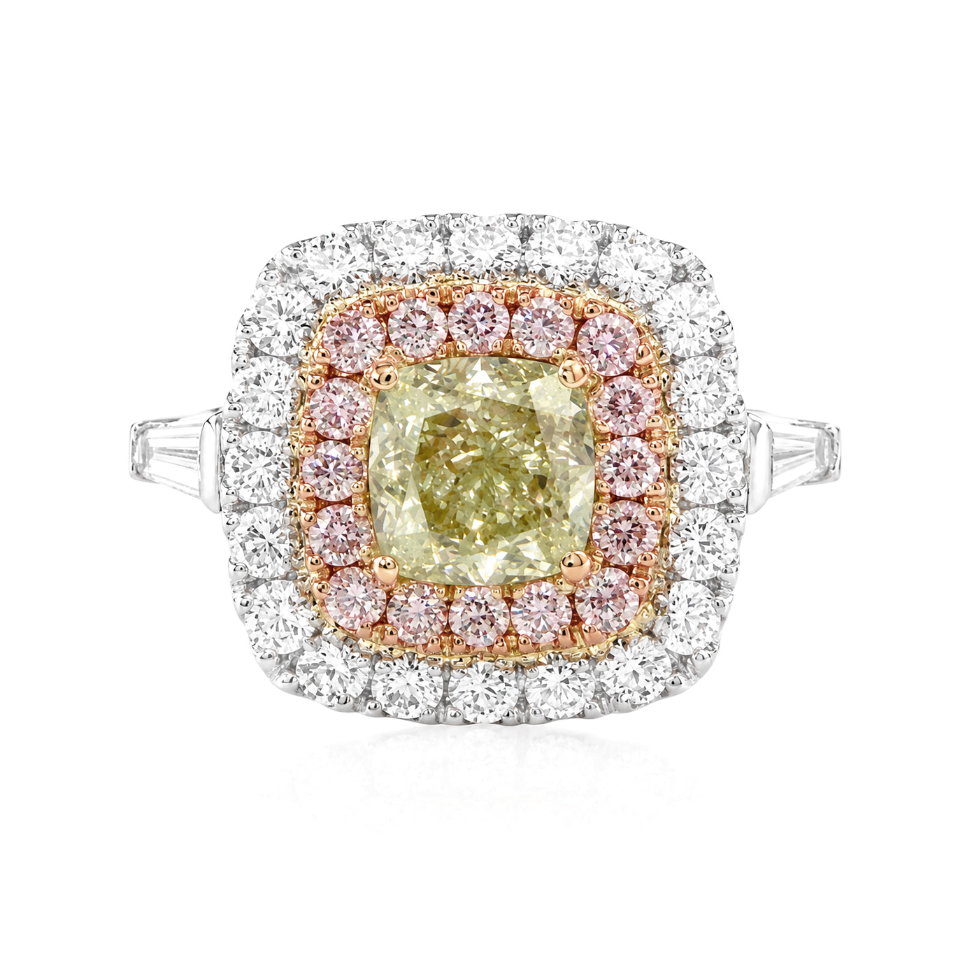 天然ダイヤモンドリング Green Yellow 2.02ct Cushion PT900 画像