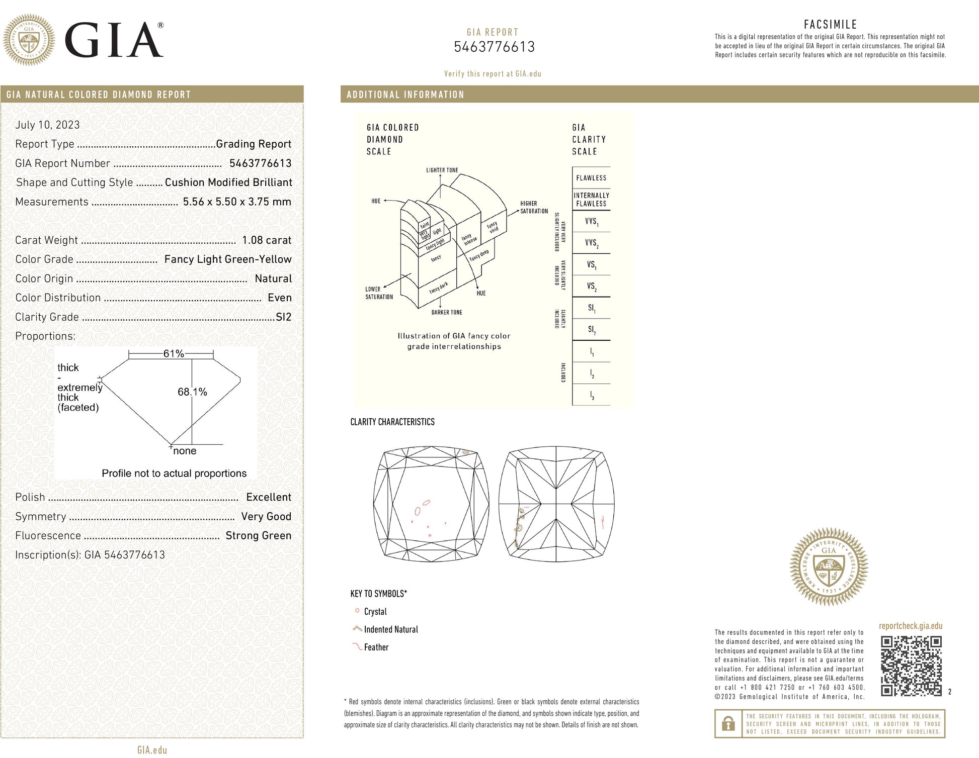 天然ダイヤモンドリング Green Yellow 2.02ct Cushion PT900 GIA 鑑定書