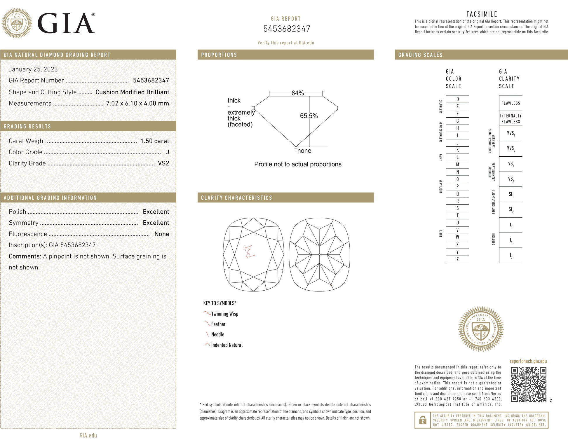 天然ダイヤモンドリング GIA 鑑定書画像 ほぼ無色 クッション VS2 1.86ct 詳細
