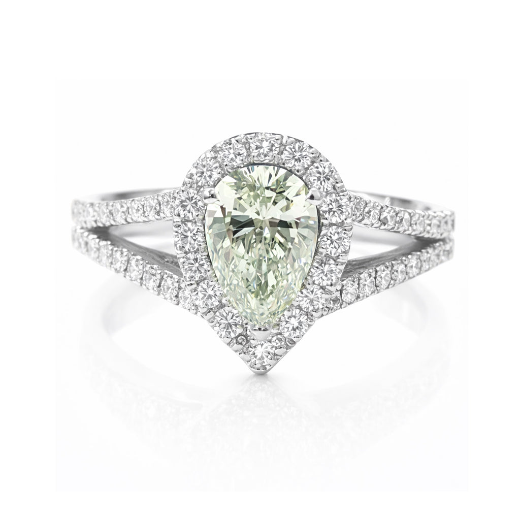 PT900 Pear-cut Light Yellow Green Diamond Ring - 0.88ct
