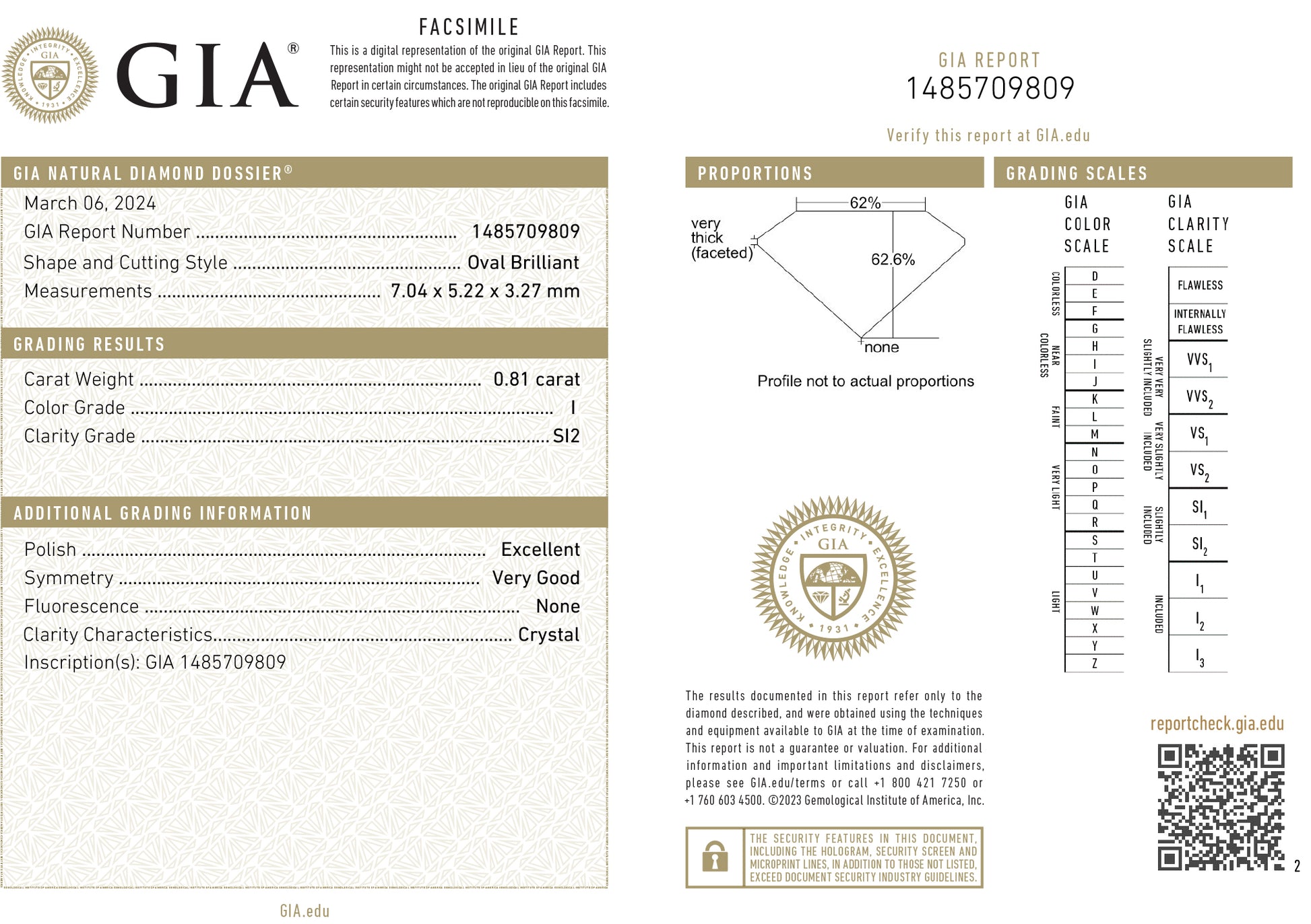 天然ダイヤモンドリング GIA 鑑定書画像 ほぼ無色 1.25ct SI1 オーバル 詳細