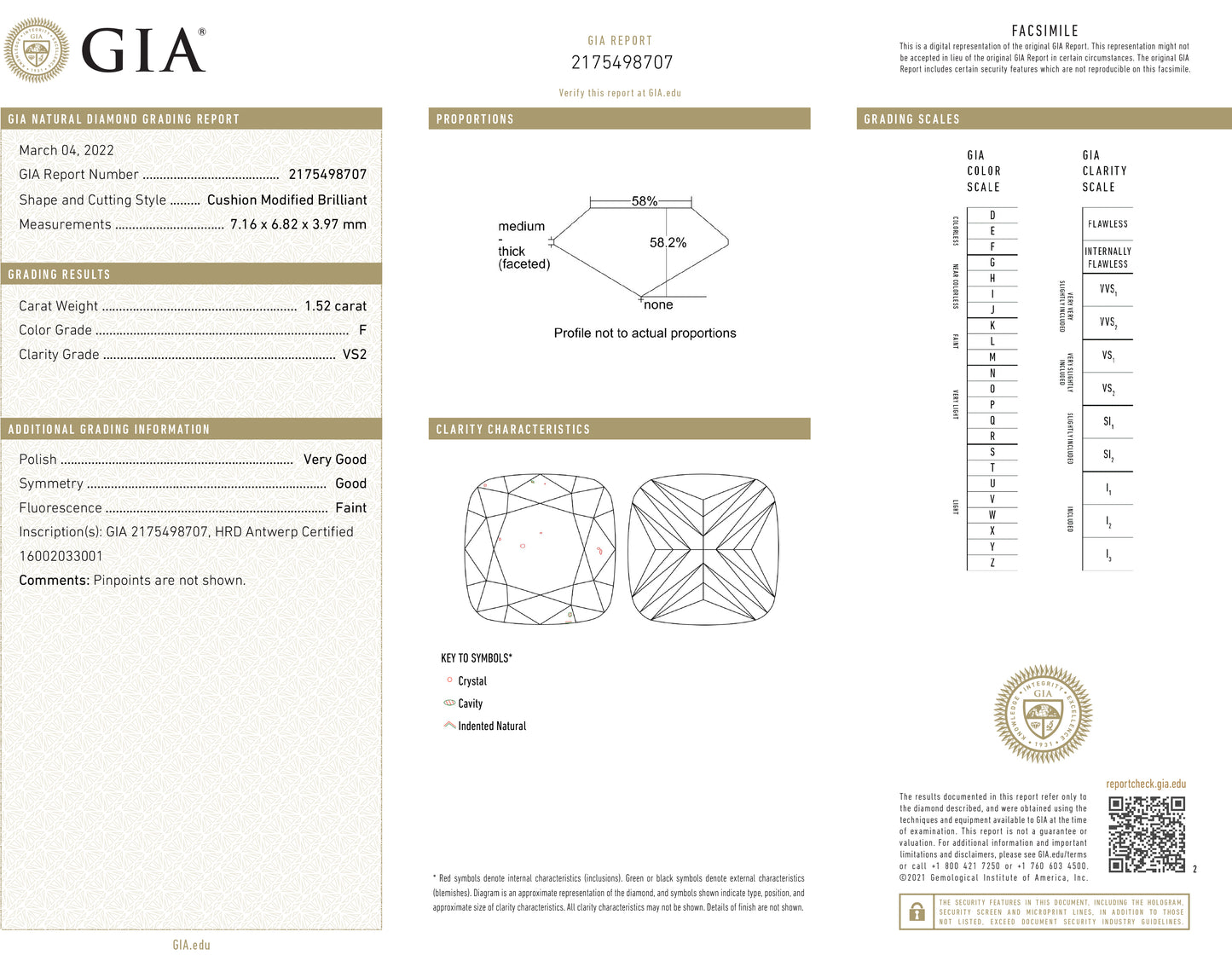 天然ダイヤモンドリング GIA 鑑定書画像 無色 クッション VS2 1.52ct 詳細