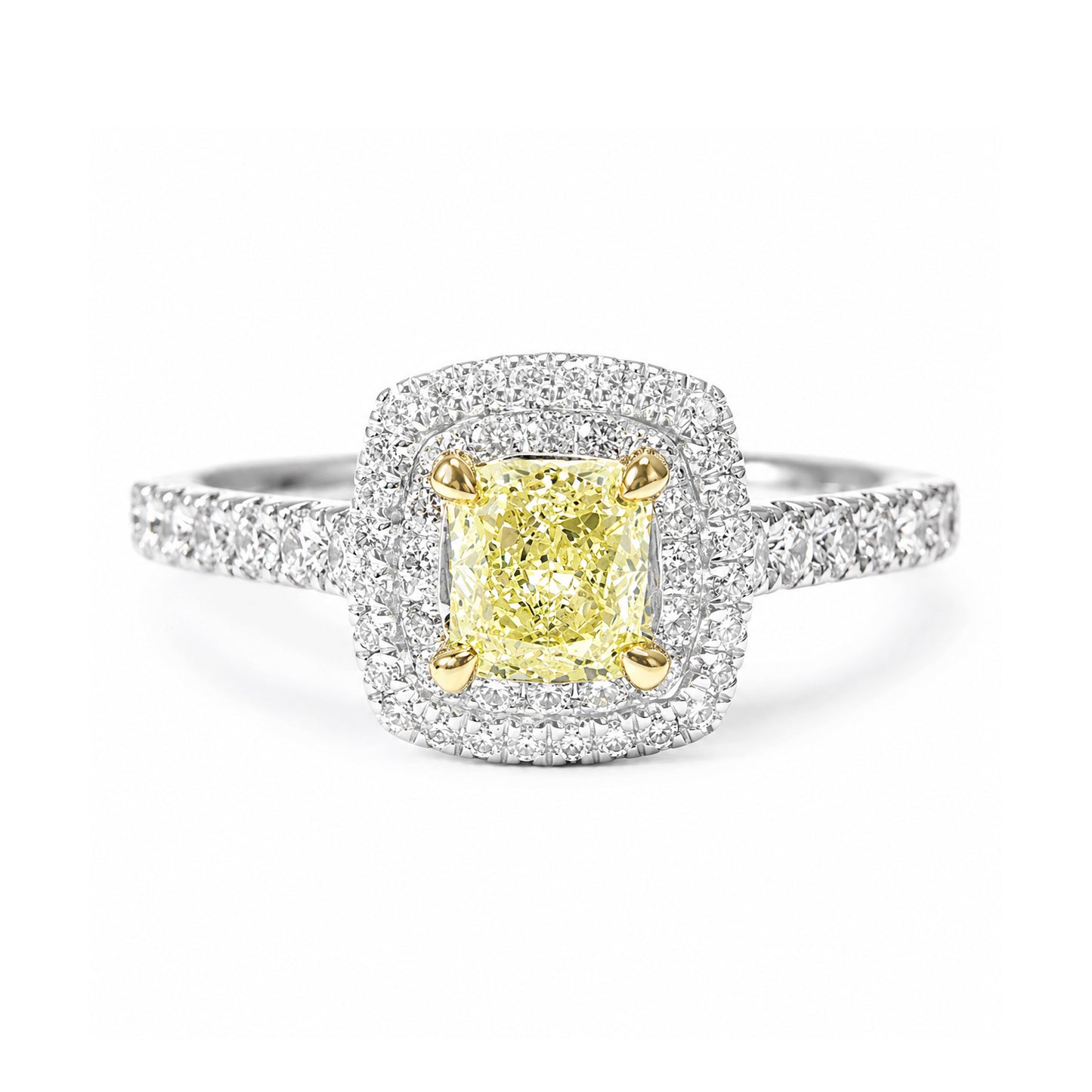 天然ダイヤモンドリング Yellow 0.89ct Cushion 18KWG 画像