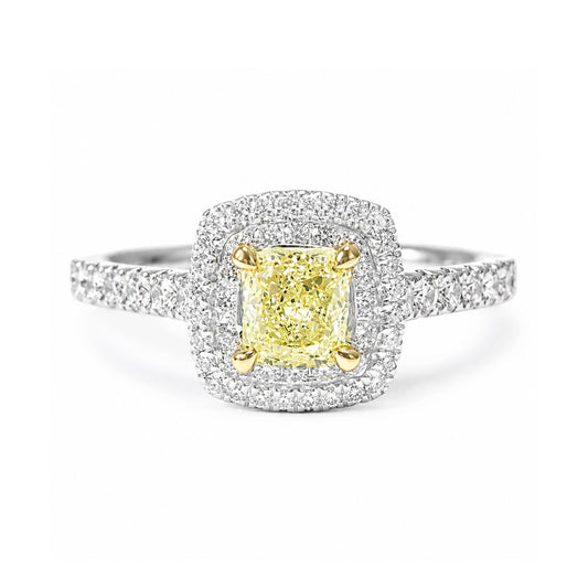 天然ダイヤモンドリング Yellow 0.89ct Cushion 18KWG 画像