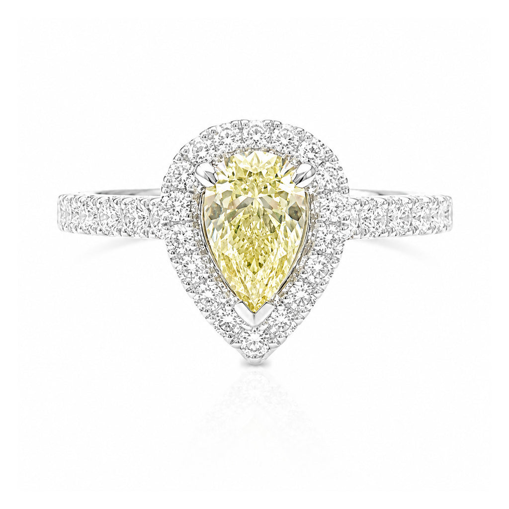 18KWG Pear Cut Fancy Yellow Natural Diamond Ring 0.973ct 