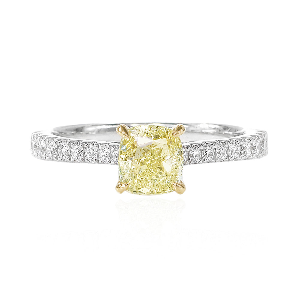 18KWG ファンシーインテンス イエロー 天然ダイヤモンドリング 1.27ct クッションカット