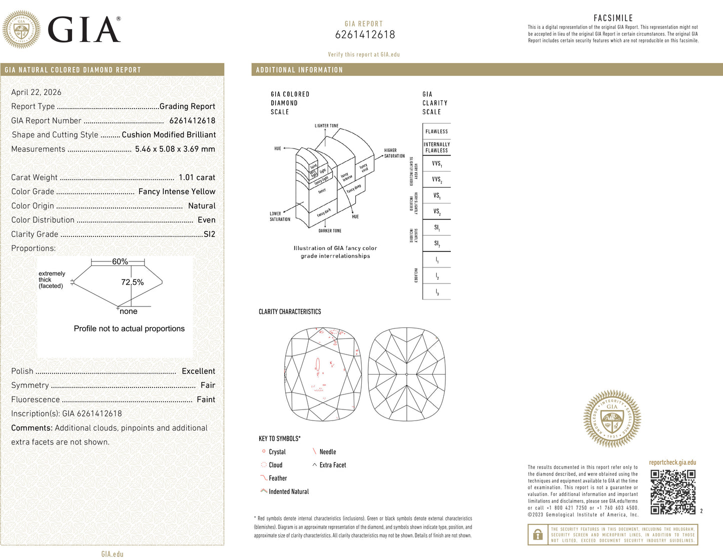 天然ダイヤモンドリング Yellow 1.27ct Cushion 18KWG GIA 鑑定書