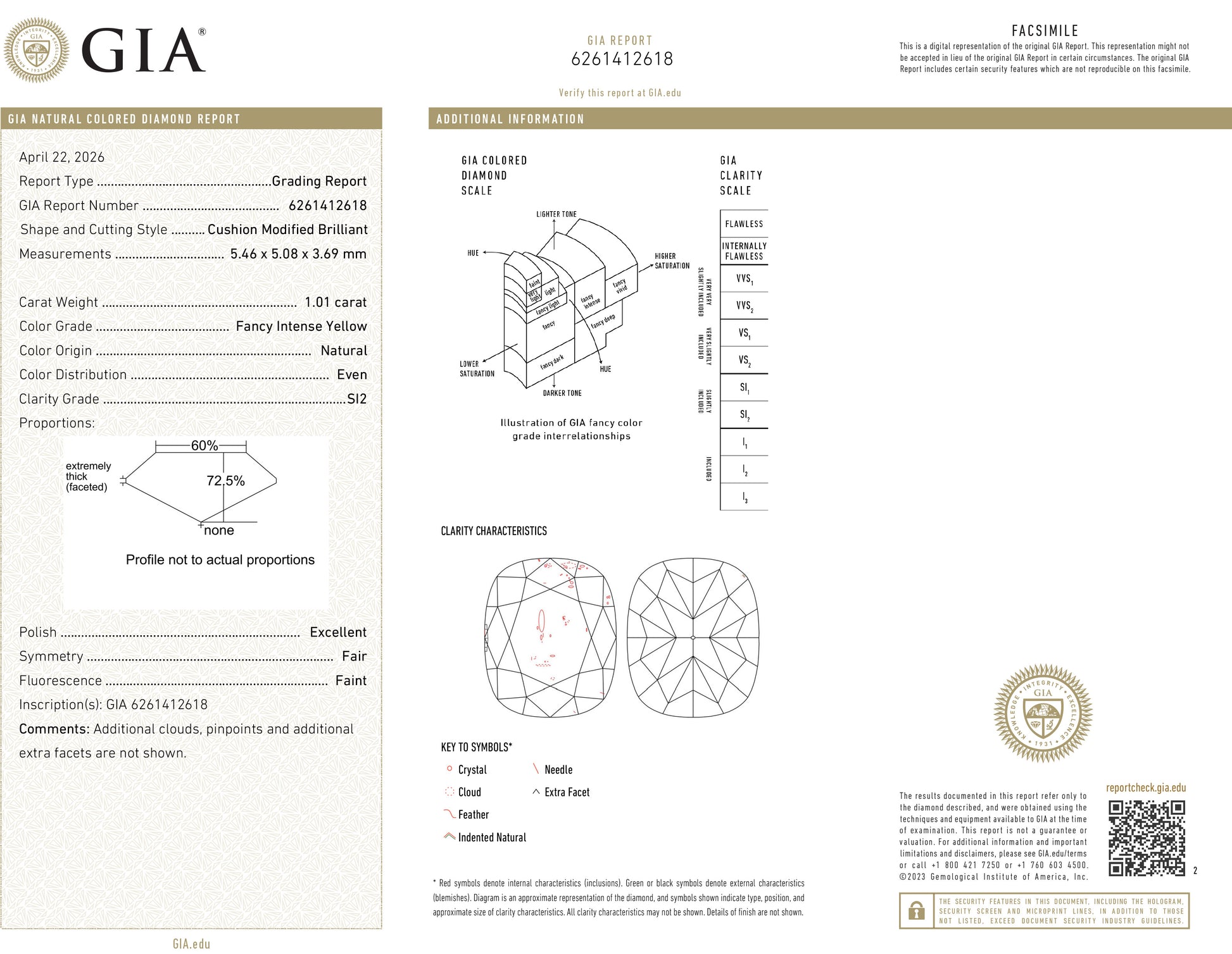 天然ダイヤモンドリング Yellow 1.27ct Cushion 18KWG GIA 鑑定書