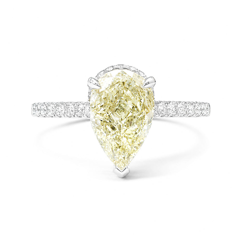 18KWG ファンシーライト イエロー 天然ダイヤモンドリング 2.254ct ペアカット