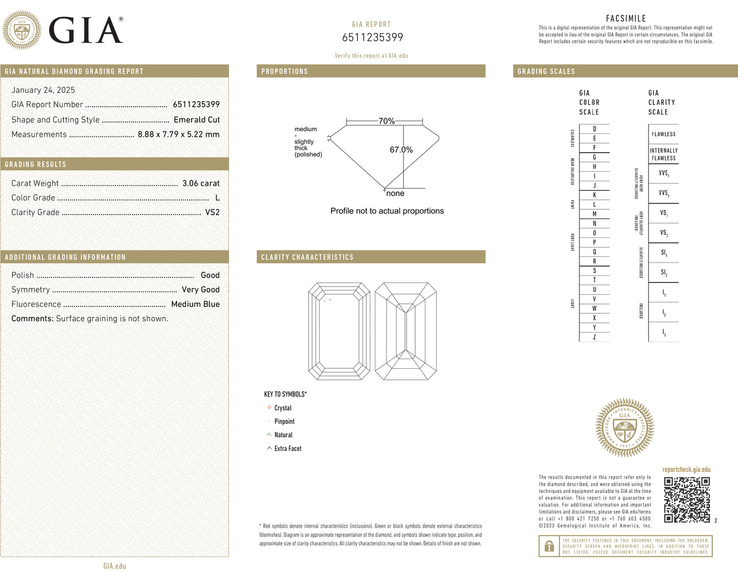 天然ルースダイヤモンド GIA 鑑定書画像 フェイントイエロー エメラルドカット VS2 3.06ct  詳細