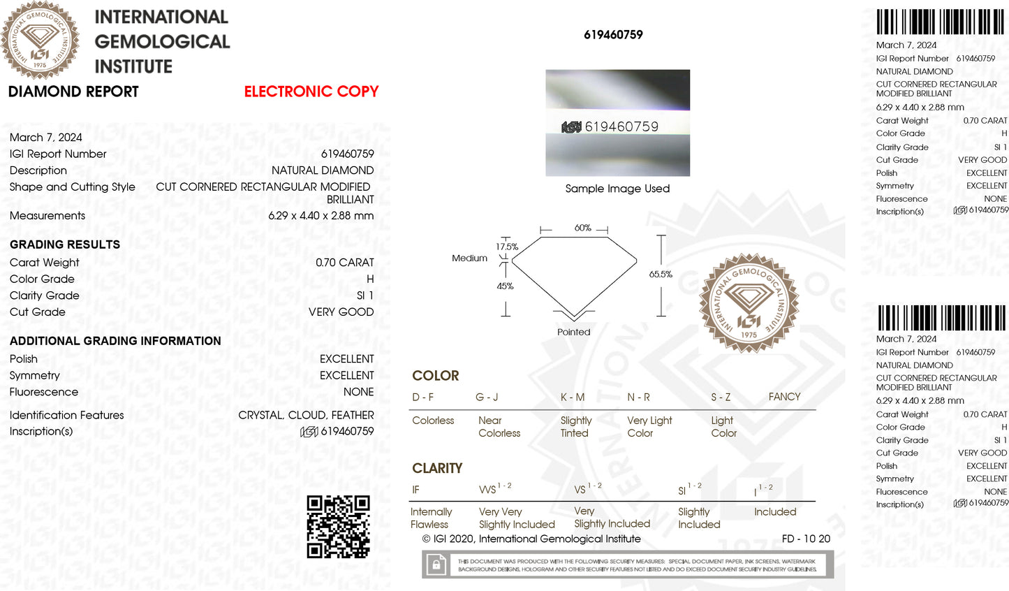 18KWG ダイヤモンドリング 1.26ct SI1 フェイントイエロー H ラディアント IGI 鑑定書画像