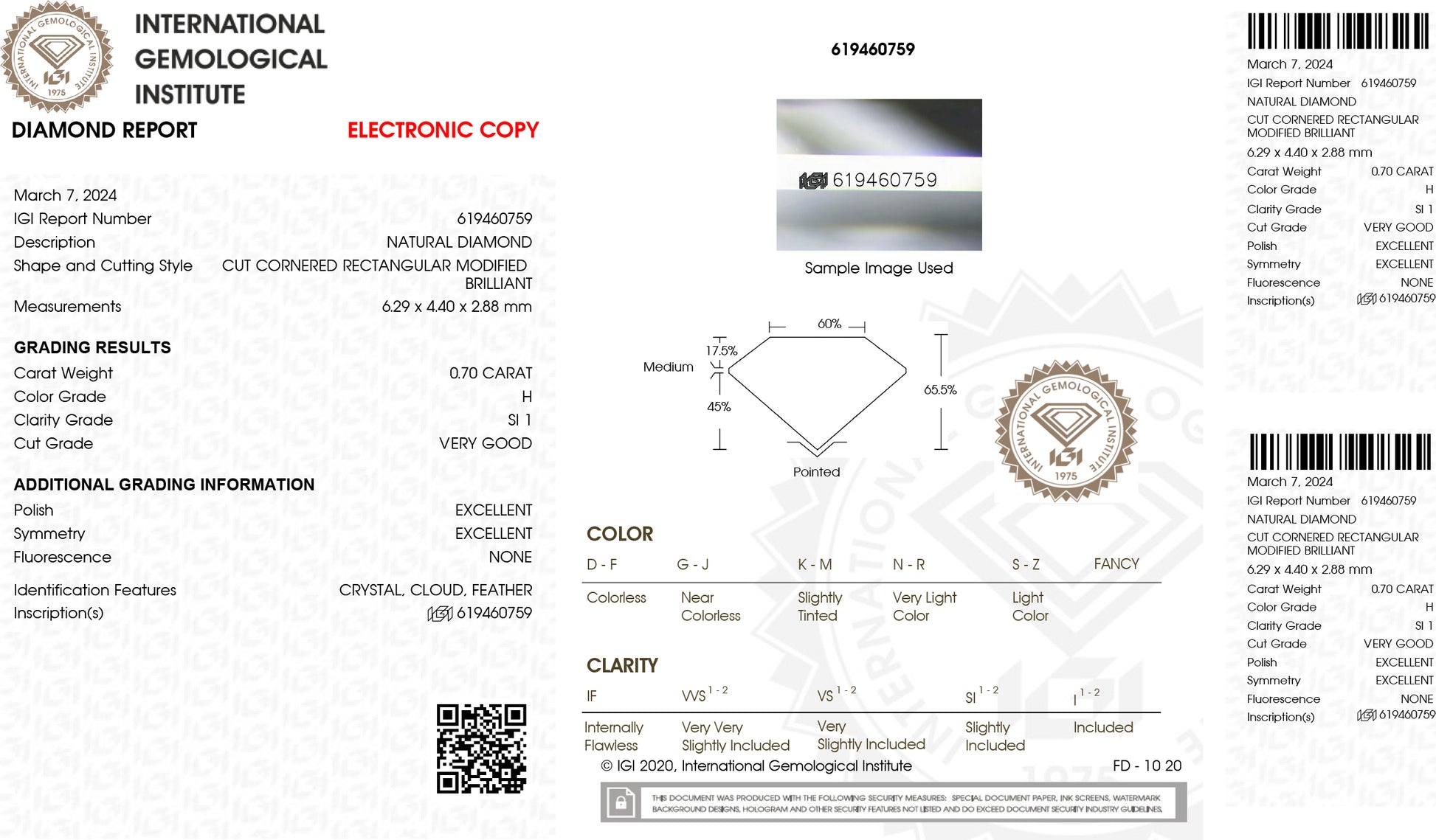18KWG ダイヤモンドリング 1.26ct SI1 フェイントイエロー H ラディアント IGI 鑑定書画像