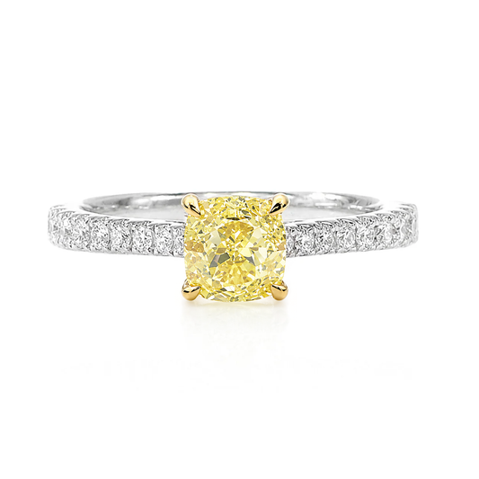 18KWG Fancy Intense Yellow Natural Diamond Ring 1.27ct Cushion Cut