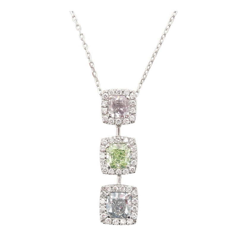 クッションシェイプ・3色・ライトピンク・ファンシーライトグリーン・ライトブルー ダイヤモンドネックレス 1.557ct VS1&SI2 ダイアモンド画像