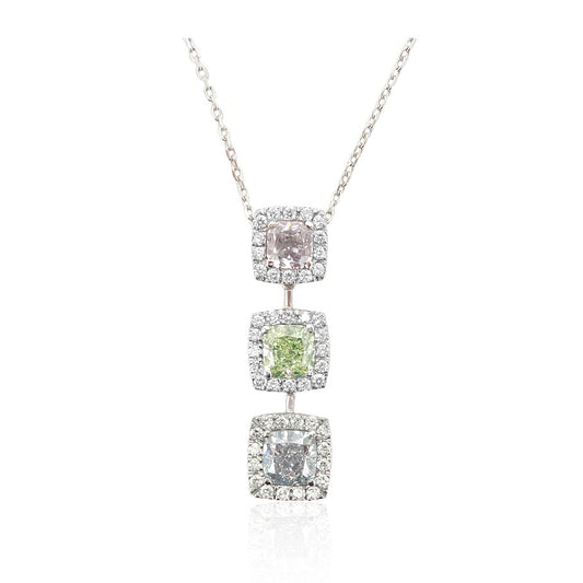 クッションシェイプ・3色・ライトピンク・ファンシーライトグリーン・ライトブルー ダイヤモンドネックレス 1.557ct VS1&SI2 ダイアモンド画像