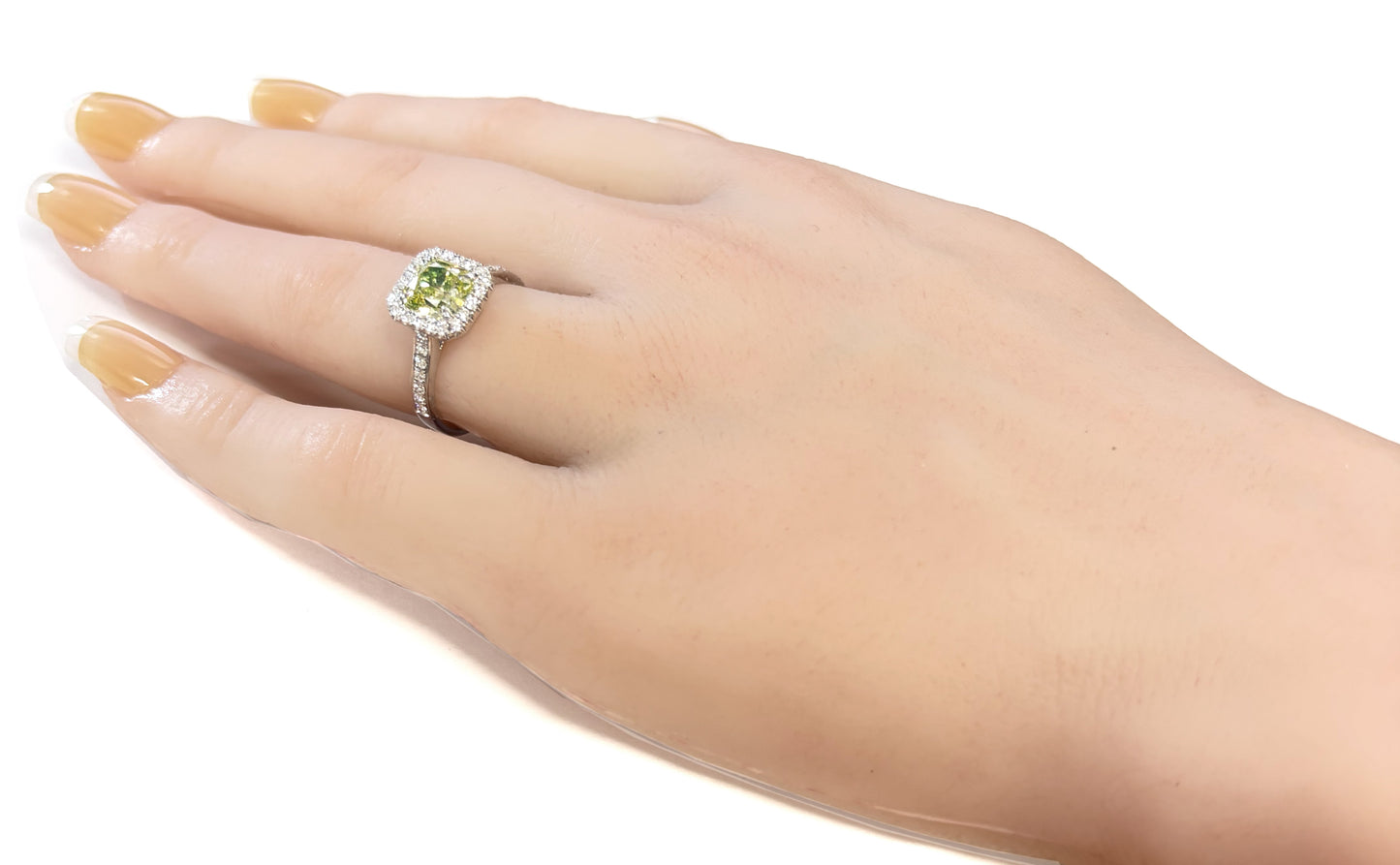 AU750  グリーンダイヤモンド リング 2.089ct Fancy Greenish Yellow VS2 ラディアント