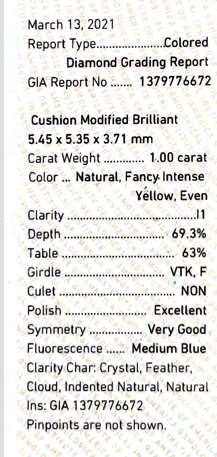 ダイヤモンド鑑定書画像 天然ダイヤモンドルース 1.0ct ファンシーインテンスイエロークッション 詳細