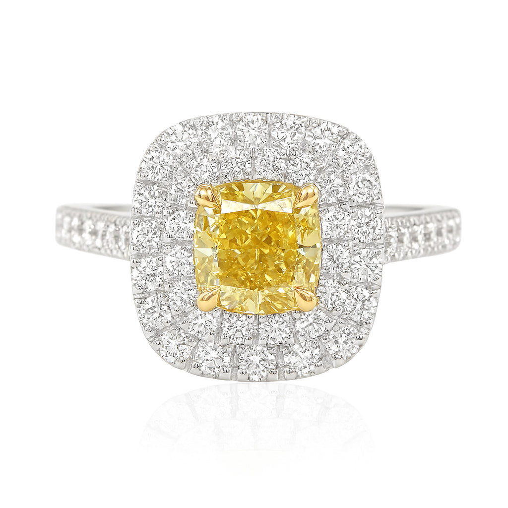 PT900 イエローダイヤモンドリング 0.954ct Fancy Yellow I1 クッション
