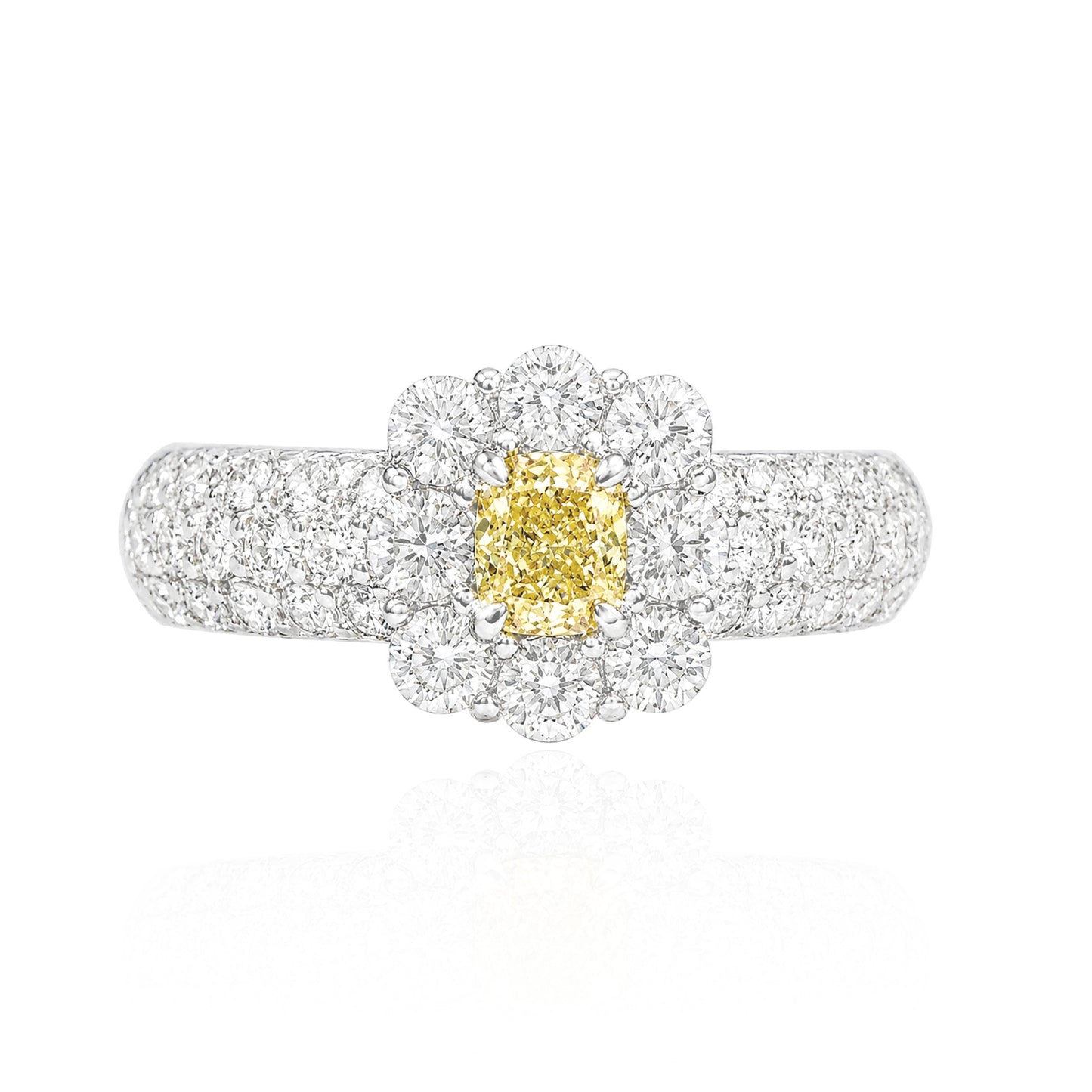 PT900 Floral Design Yellow Diamond Ring 1ct Emerald cut