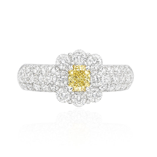 PT900 イエローダイヤモンドリング 1.108ct Fancy Intense Orangy Yellow SI1 クッション