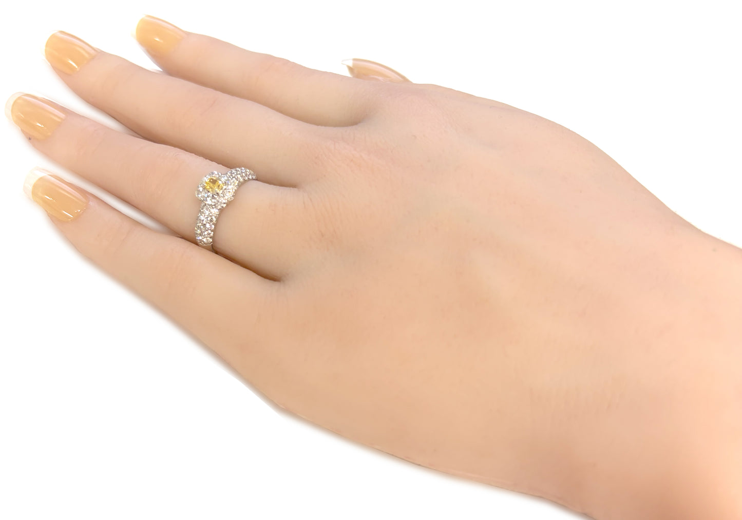 PT900 Floral Design Yellow Diamond Ring 1ct Emerald cut