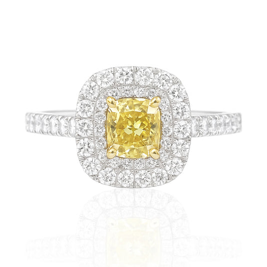 PT900 イエローダイヤモンドリング 0.898ct VS1 Fancy Yellow クッション 画像