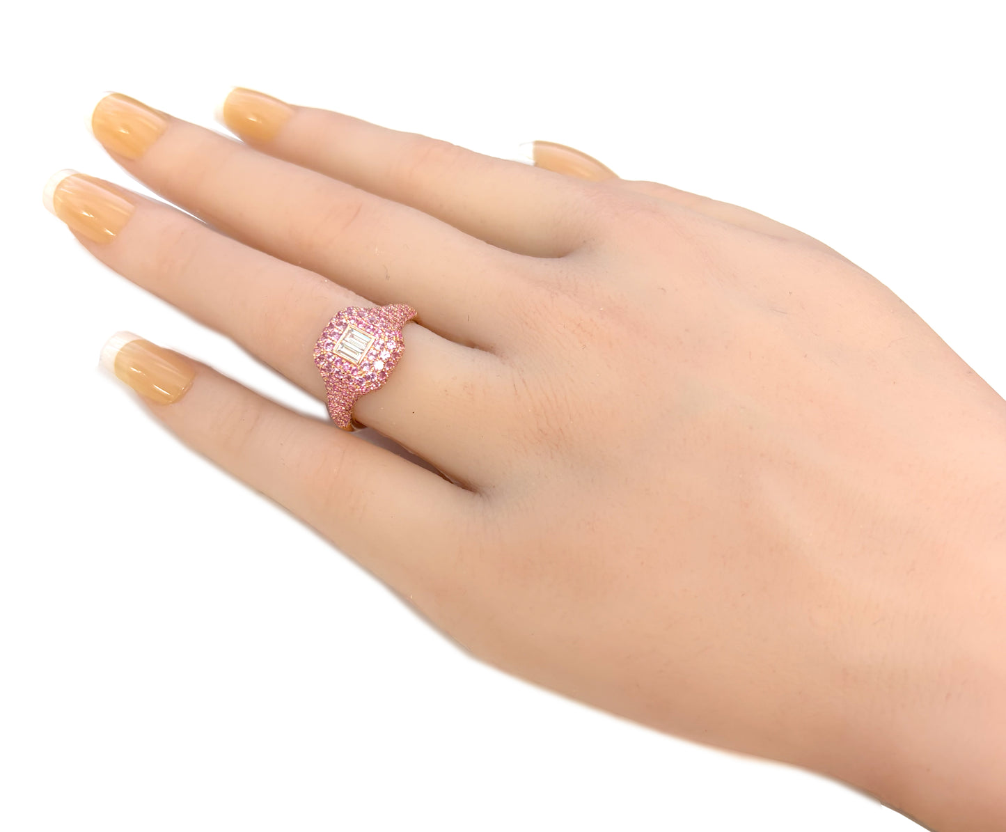 18KPG Pink Sapphire Baguette-cut Diamond Ring