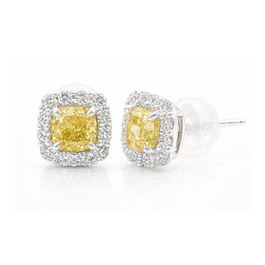 18K イエローダイヤモンドイヤリング 0.733ct Fancy Vivid Yellow SI2 クッション