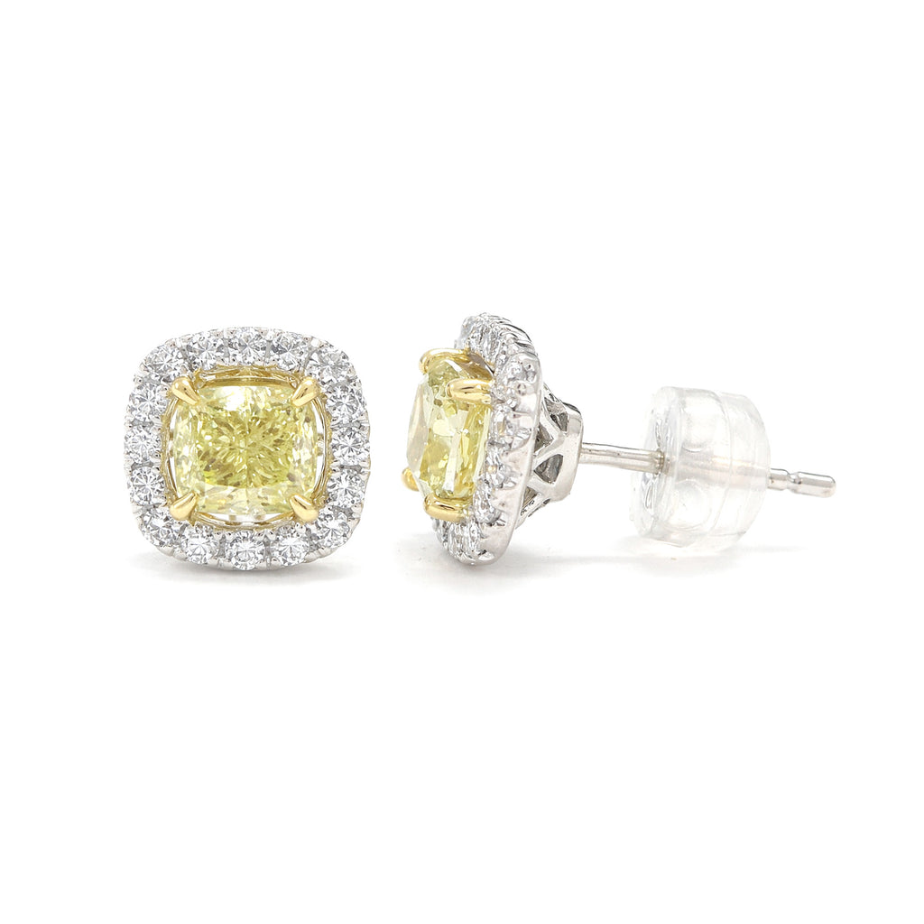 18K イエローダイヤモンドイヤリング 1.48ct Intense Yellow SI2 クッション