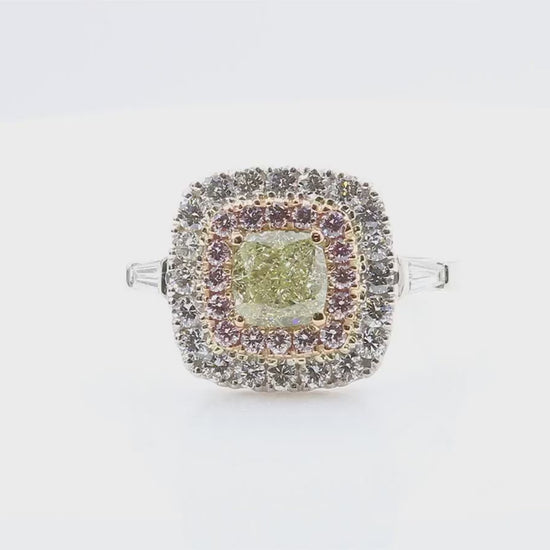 天然ダイヤモンドリング Green Yellow 2.02ct Cushion PT900 映像