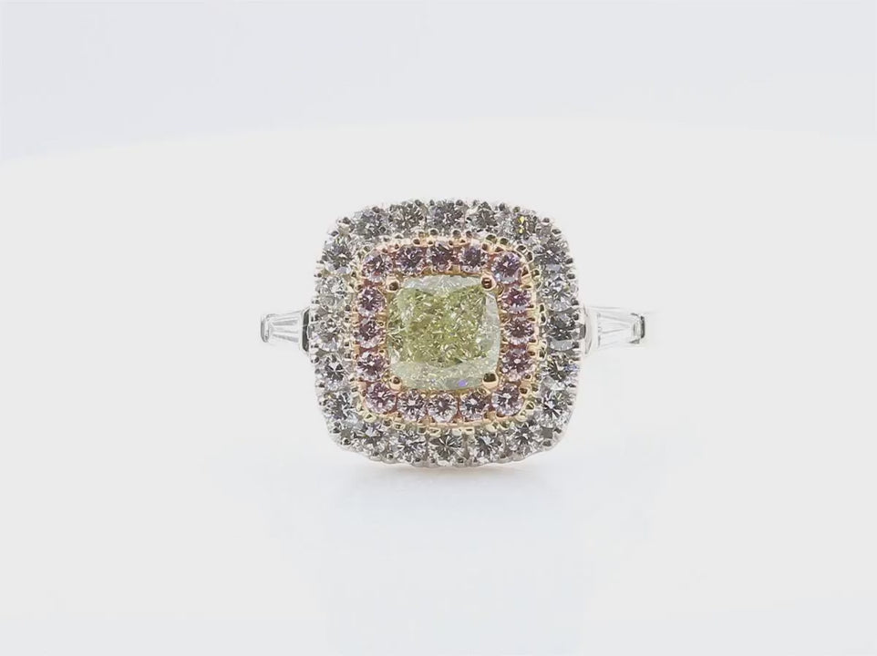 天然ダイヤモンドリング Green Yellow 2.02ct Cushion PT900 映像
