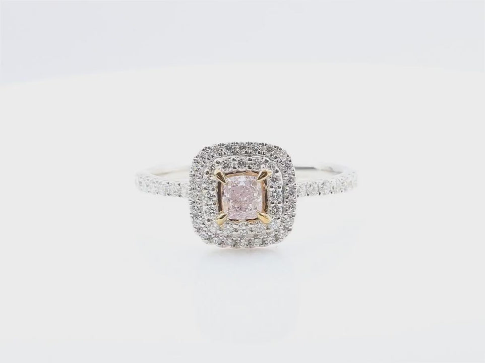 天然ダイヤモンドリング Purple Pink 0.718ct Cushion 18KWG 映像