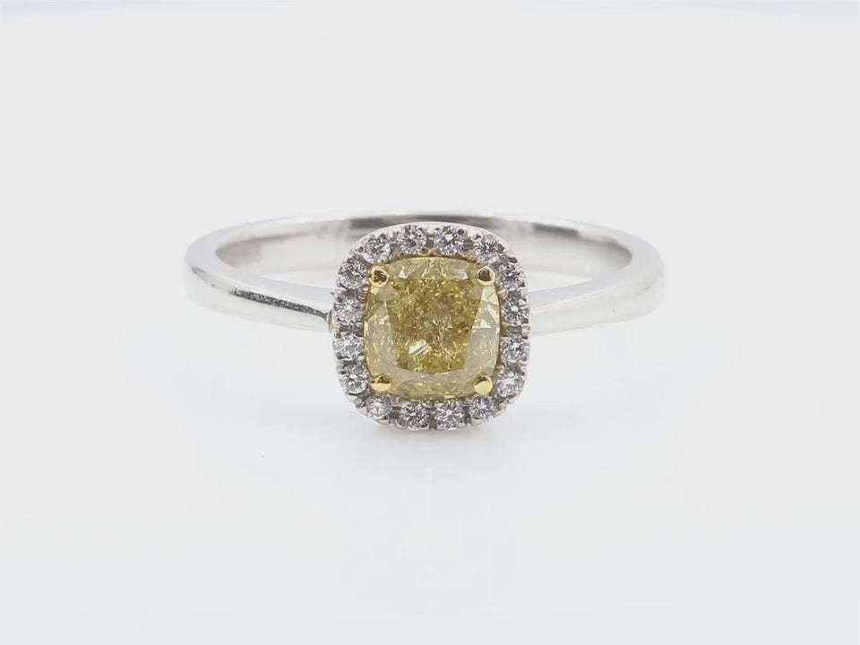 イエローダイヤモンドリング クッション 0.858ct I1 映像