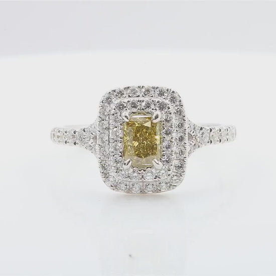 天然ダイヤモンドリング Green Yellow 1.027ct Radiant 18KWG 映像