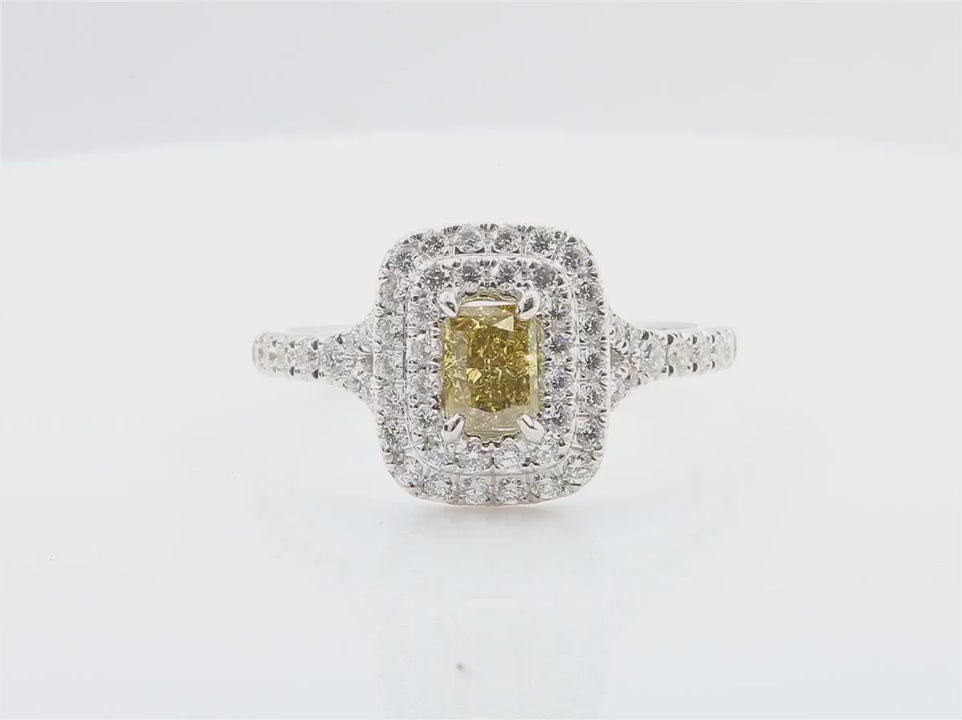 天然ダイヤモンドリング Green Yellow 1.027ct Radiant 18KWG 映像