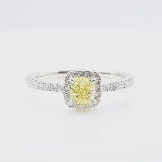 天然ダイヤモンドリング Yellow 1.017ct Cushion 18KWG 映像