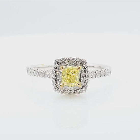 天然ダイヤモンドリング Yellow 0.89ct Cushion 18KWG 映像