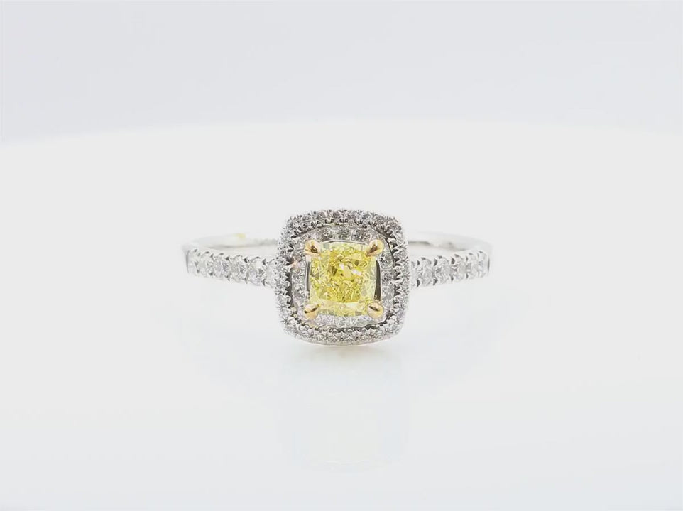天然ダイヤモンドリング Yellow 0.89ct Cushion 18KWG 映像
